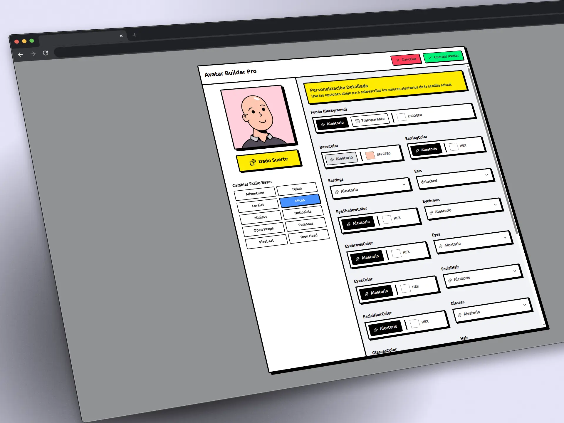 Herramienta Avatar Builder Pro para la personalización detallada de avatares