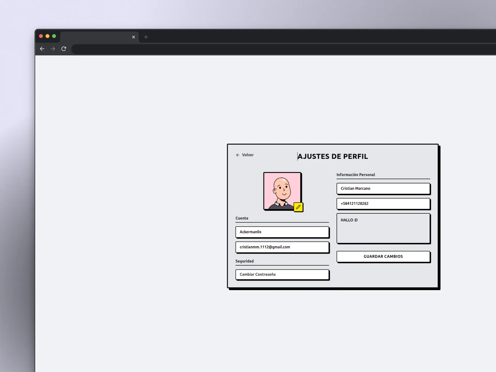Modal de ajustes de perfil y configuración de cuenta en ChatHub